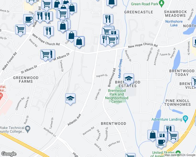 map of restaurants, bars, coffee shops, grocery stores, and more near 3106 Ingram Drive in Raleigh