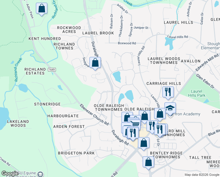 map of restaurants, bars, coffee shops, grocery stores, and more near 3908 Burwell Rollins Circle in Raleigh
