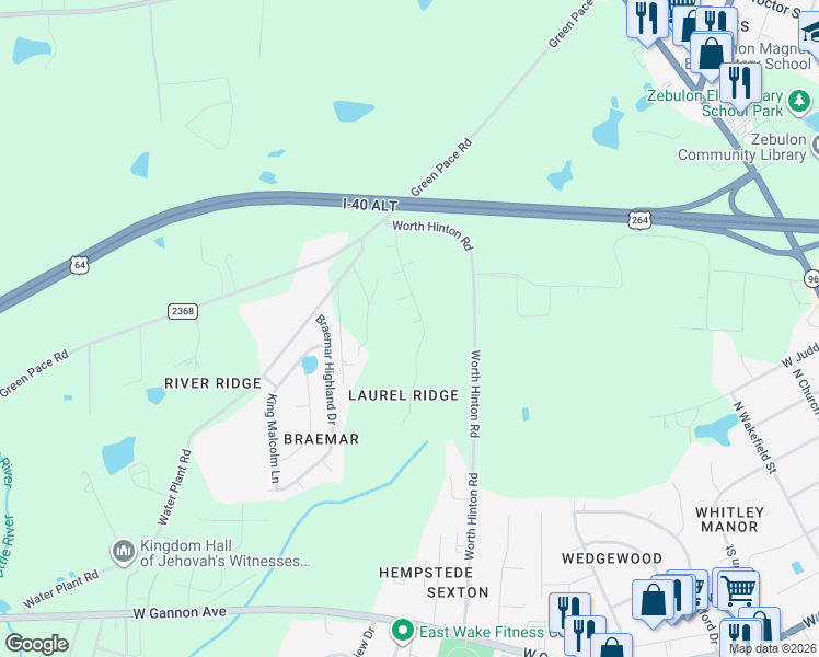 map of restaurants, bars, coffee shops, grocery stores, and more near 1024 Laurel Leaf Road in Zebulon
