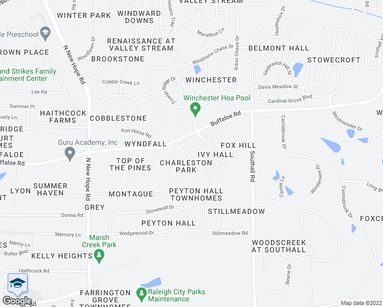map of restaurants, bars, coffee shops, grocery stores, and more near 3944 Charleston Park Drive in Raleigh