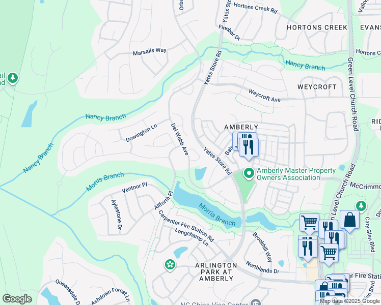 map of restaurants, bars, coffee shops, grocery stores, and more near 139 Arvind Oaks Circle in Cary