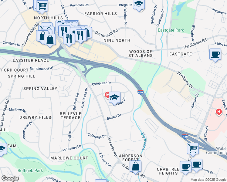map of restaurants, bars, coffee shops, grocery stores, and more near 3907 Browning Place in Raleigh