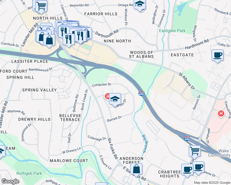 map of restaurants, bars, coffee shops, grocery stores, and more near 3900 Browning Place in Raleigh