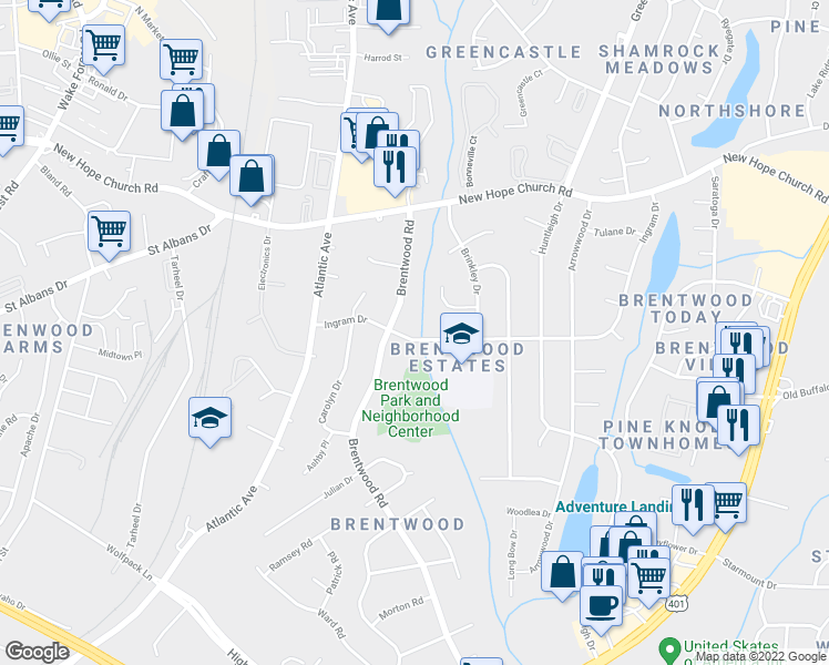 map of restaurants, bars, coffee shops, grocery stores, and more near 3309 Ingram Drive in Raleigh