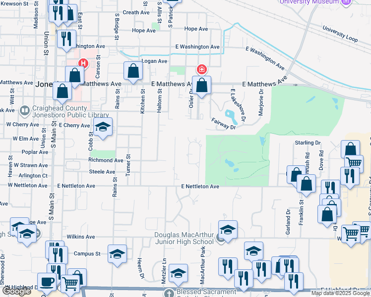 map of restaurants, bars, coffee shops, grocery stores, and more near 1209 West Country Club Terrace in Jonesboro