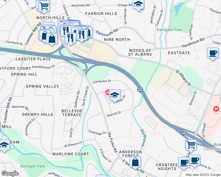map of restaurants, bars, coffee shops, grocery stores, and more near 3900 Browning Place in Raleigh