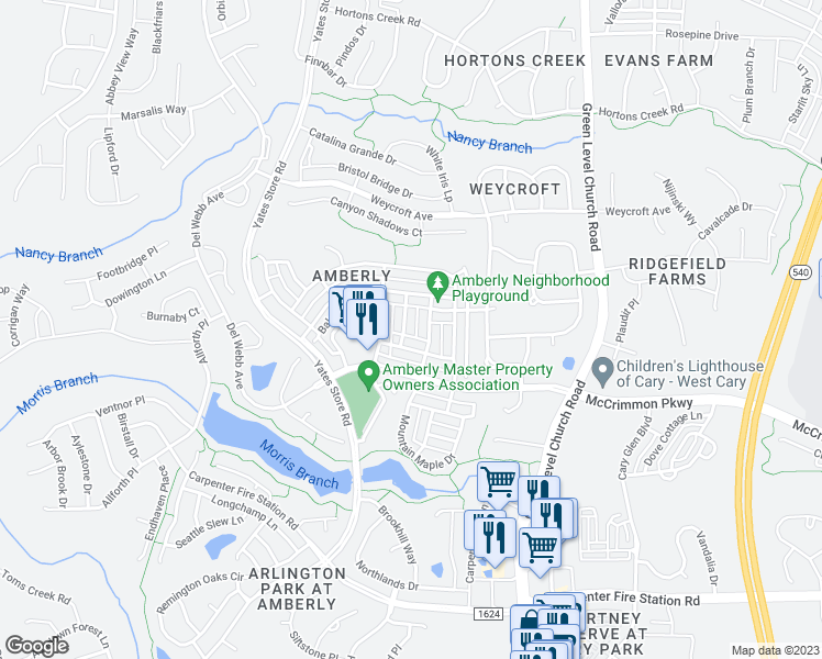 map of restaurants, bars, coffee shops, grocery stores, and more near 5022 Myrtle Oak Drive in Cary