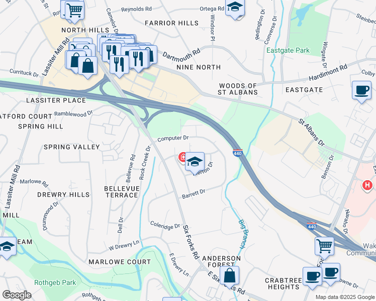 map of restaurants, bars, coffee shops, grocery stores, and more near 3900 Browning Place in Raleigh