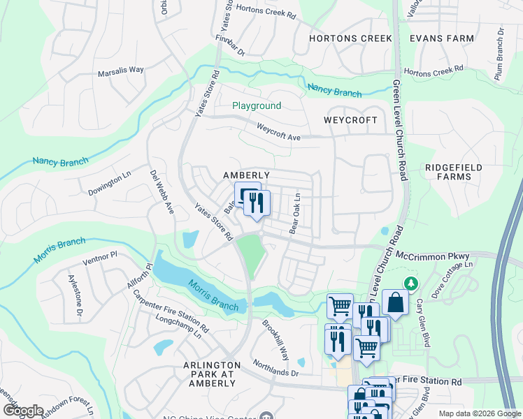 map of restaurants, bars, coffee shops, grocery stores, and more near 1004 Sand Pine Drive in Cary