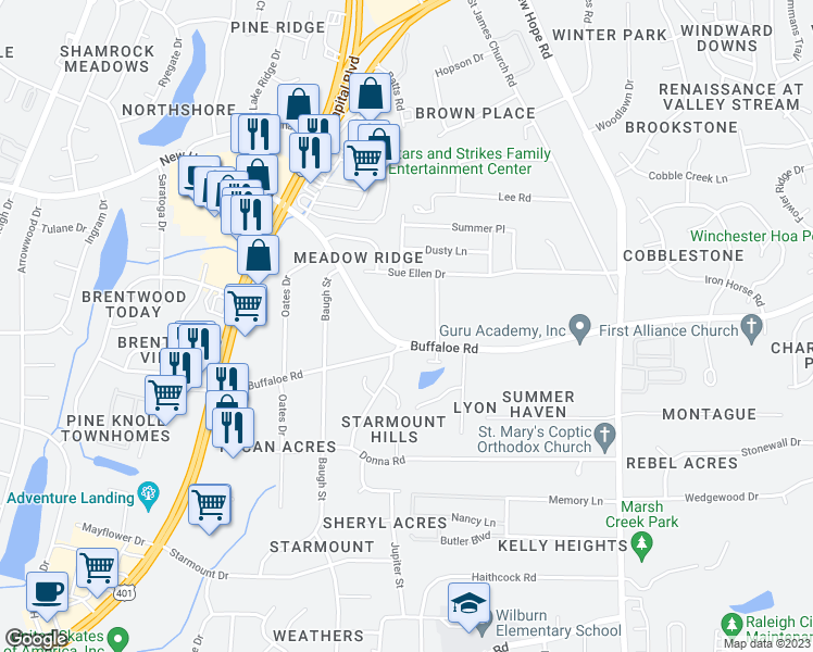 map of restaurants, bars, coffee shops, grocery stores, and more near 3735 Bison Hill Lane in Raleigh