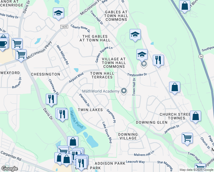 map of restaurants, bars, coffee shops, grocery stores, and more near 1104 Garden Square Lane in Morrisville