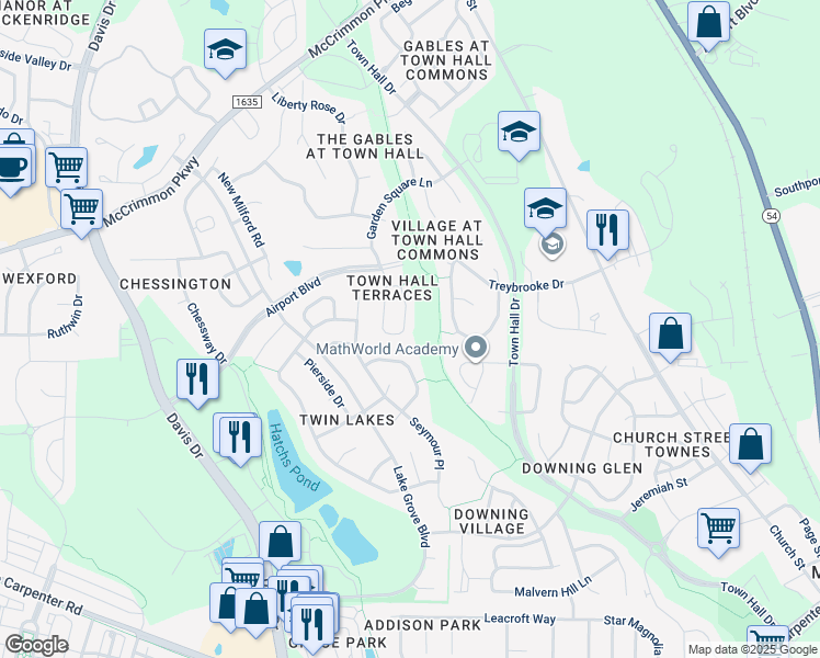 map of restaurants, bars, coffee shops, grocery stores, and more near 1104 Garden Square Lane in Morrisville