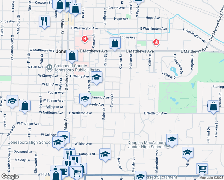 map of restaurants, bars, coffee shops, grocery stores, and more near 1204 Turner Street in Jonesboro