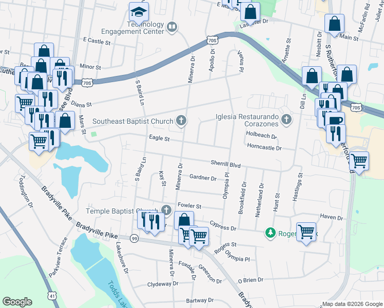 map of restaurants, bars, coffee shops, grocery stores, and more near 1702 Sherrill Boulevard in Murfreesboro