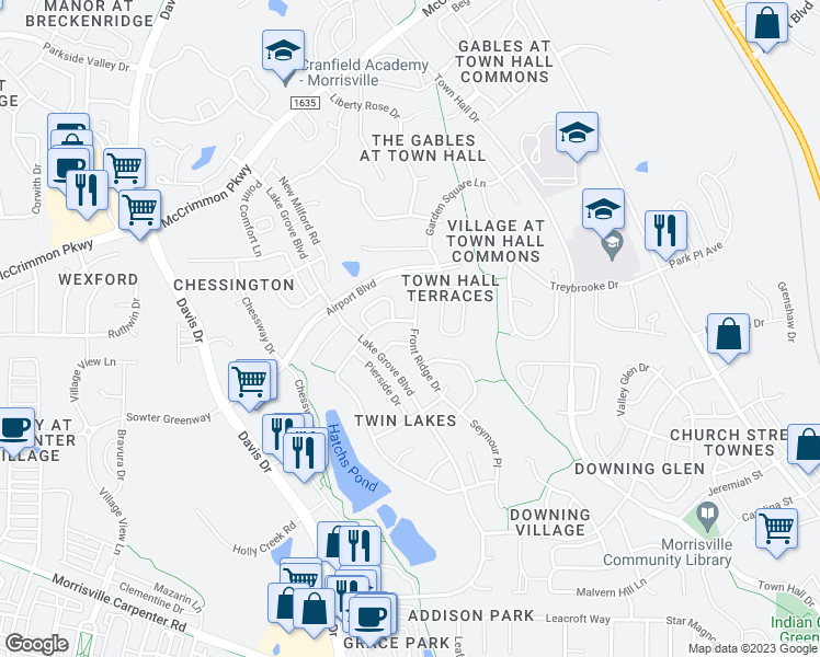 map of restaurants, bars, coffee shops, grocery stores, and more near 101 Tranquil Sound Drive in Cary