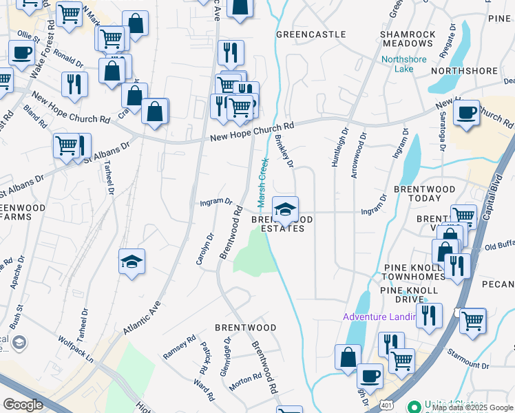 map of restaurants, bars, coffee shops, grocery stores, and more near 3309 Ingram Drive in Raleigh