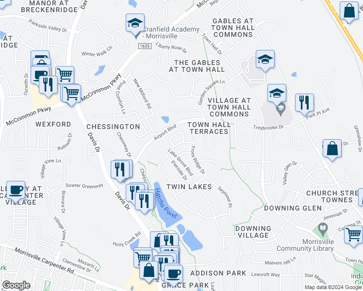 map of restaurants, bars, coffee shops, grocery stores, and more near 203 Tranquil Sound Drive in Cary