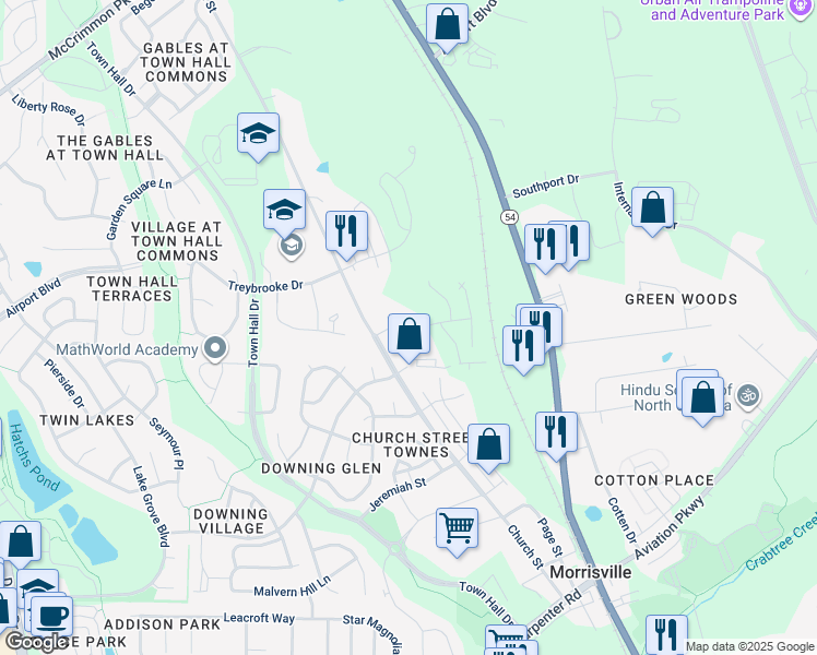 map of restaurants, bars, coffee shops, grocery stores, and more near 1404 Hopedale Drive in Morrisville