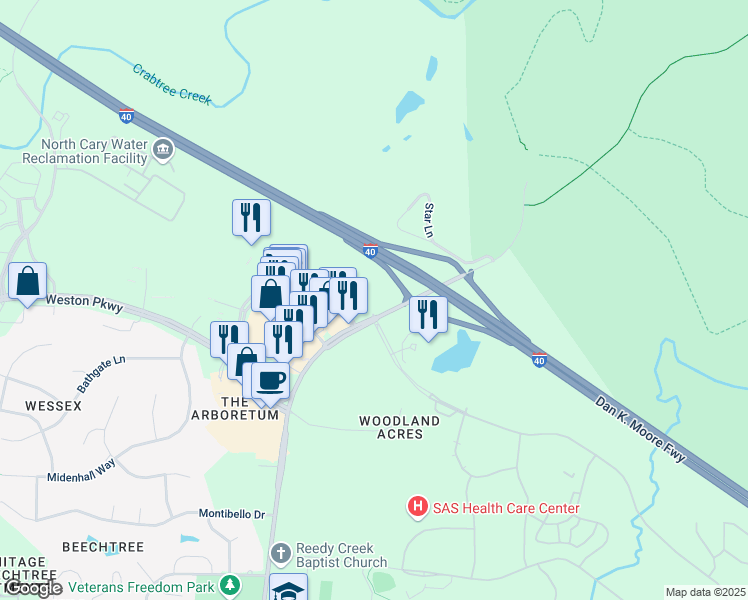 map of restaurants, bars, coffee shops, grocery stores, and more near 1901 North Harrison Avenue in Cary