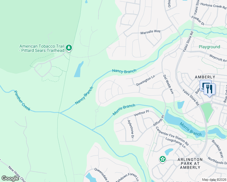 map of restaurants, bars, coffee shops, grocery stores, and more near 506 Corrigan Way in Cary