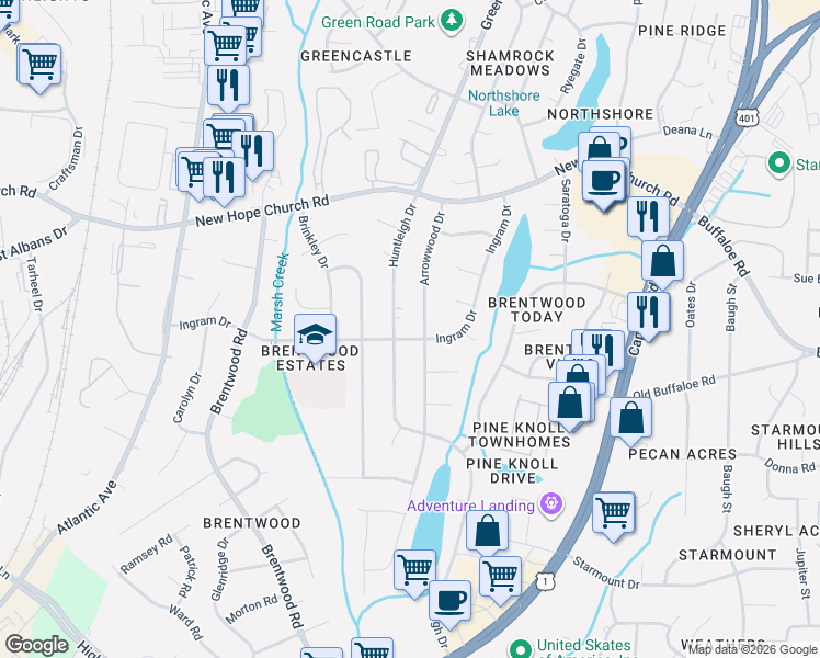 map of restaurants, bars, coffee shops, grocery stores, and more near 3612 Huntleigh Drive in Raleigh