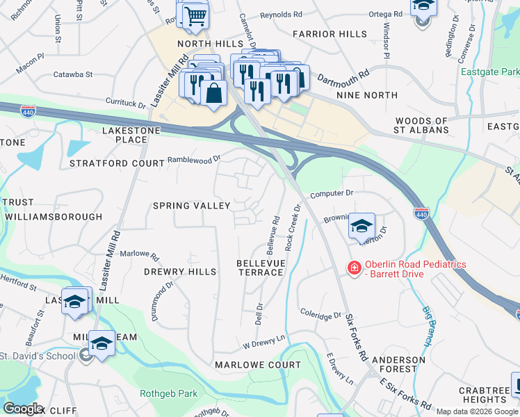 map of restaurants, bars, coffee shops, grocery stores, and more near 3623 Rolston Drive in Raleigh