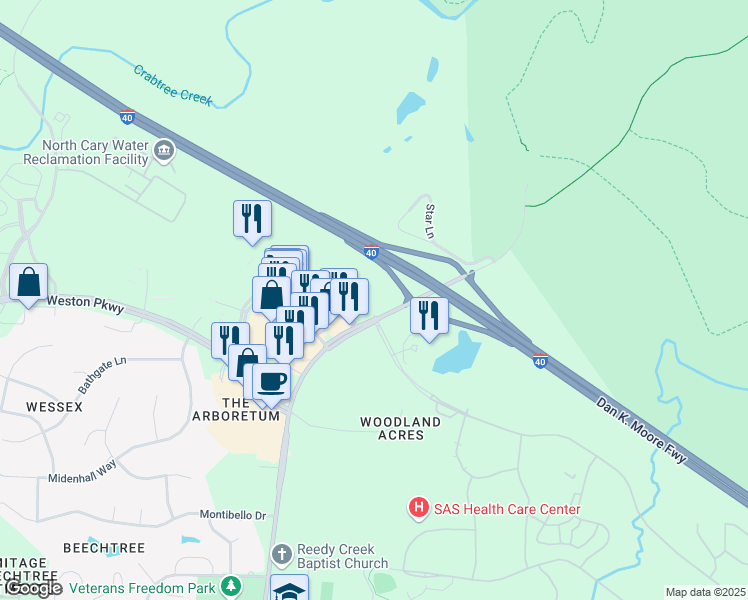 map of restaurants, bars, coffee shops, grocery stores, and more near 1915 N Harrison Ave in Cary