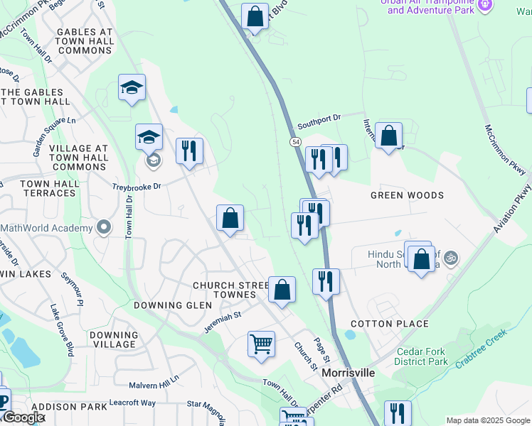 map of restaurants, bars, coffee shops, grocery stores, and more near 1024 Yatesbury Place in Morrisville