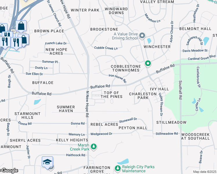 map of restaurants, bars, coffee shops, grocery stores, and more near 3663 Top of the Pines Court in Raleigh
