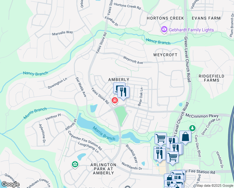 map of restaurants, bars, coffee shops, grocery stores, and more near 556 Balsam Fir Drive in Cary