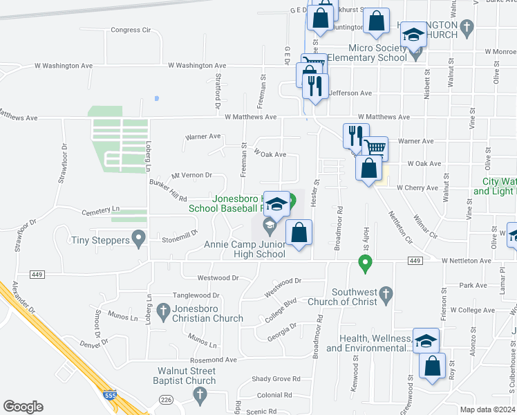 map of restaurants, bars, coffee shops, grocery stores, and more near 1106 Madera Drive in Jonesboro