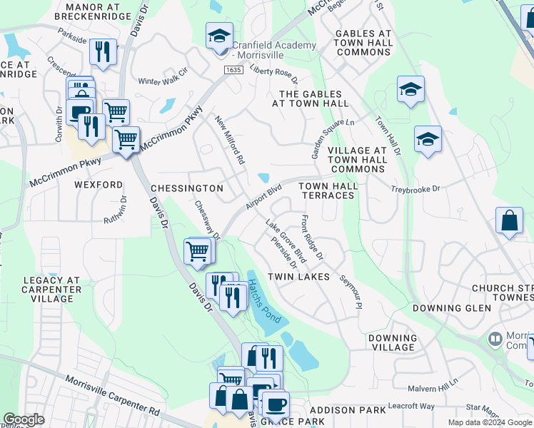 map of restaurants, bars, coffee shops, grocery stores, and more near 438 Otter Cliff Way in Cary