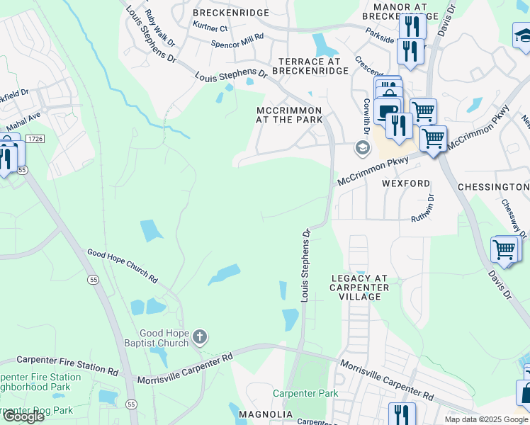 map of restaurants, bars, coffee shops, grocery stores, and more near 1072 Bender Ridge Drive in Morrisville