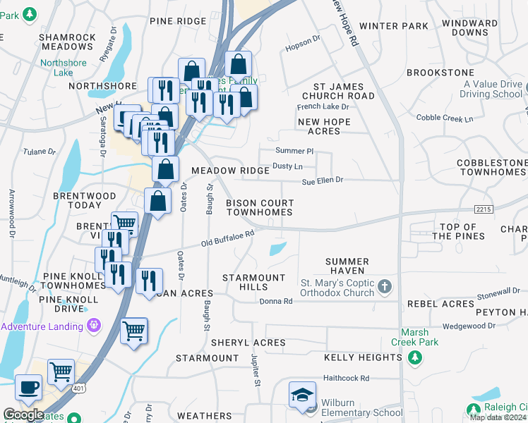 map of restaurants, bars, coffee shops, grocery stores, and more near 3727 Bison Hill Lane in Raleigh