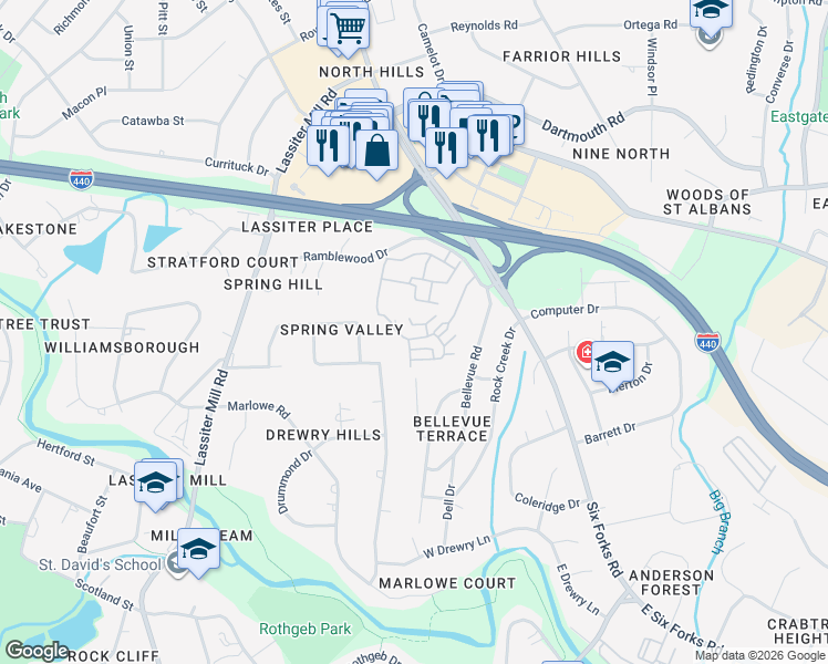 map of restaurants, bars, coffee shops, grocery stores, and more near 3609 Rolston Drive in Raleigh