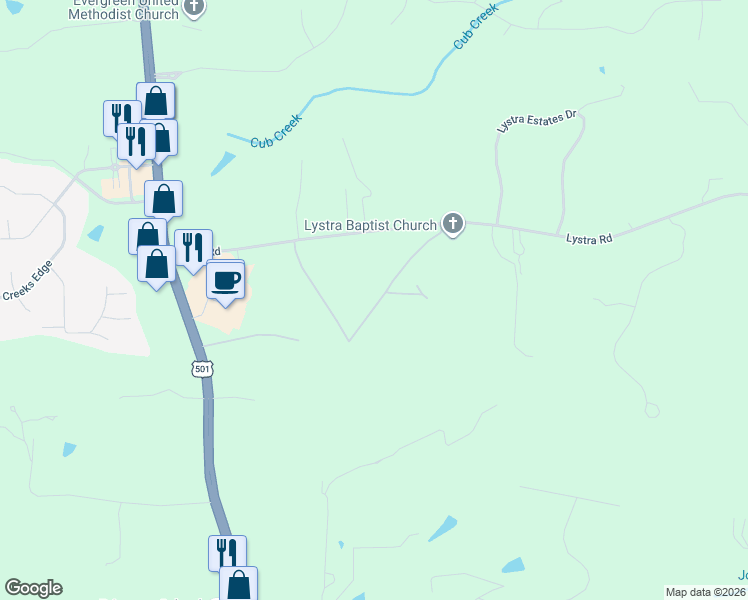 map of restaurants, bars, coffee shops, grocery stores, and more near 530 Lystra Road in Chapel Hill