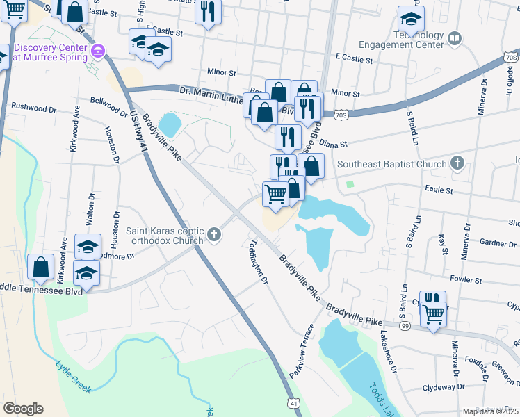 map of restaurants, bars, coffee shops, grocery stores, and more near 1530 Middle Tennessee Boulevard in Murfreesboro