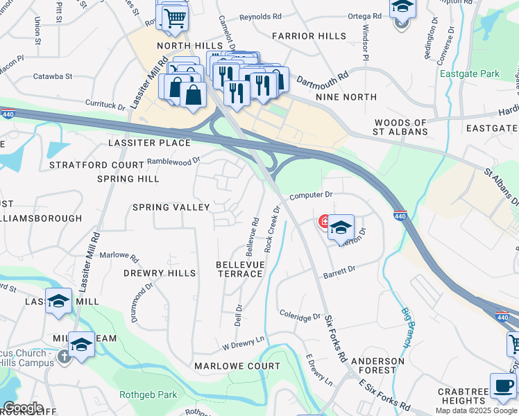 map of restaurants, bars, coffee shops, grocery stores, and more near Bellevue Road in Raleigh