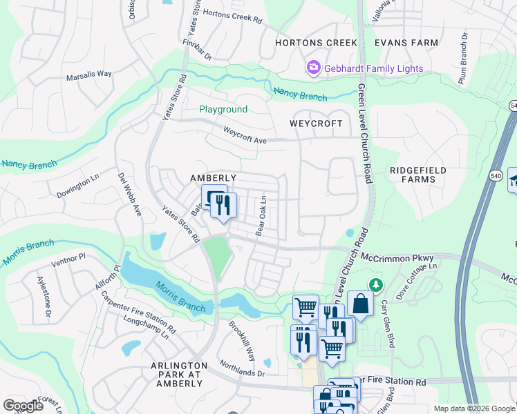 map of restaurants, bars, coffee shops, grocery stores, and more near 3915 Overcup Oak Lane in Cary