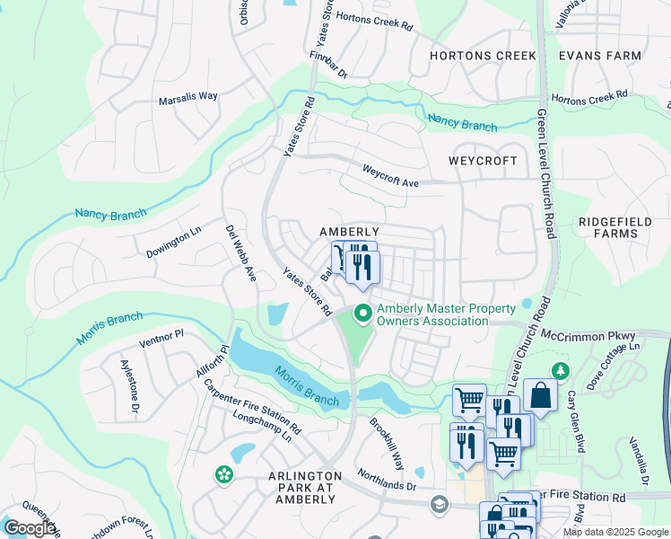 map of restaurants, bars, coffee shops, grocery stores, and more near 553 Balsam Fir Drive in Cary