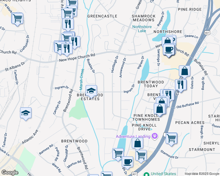 map of restaurants, bars, coffee shops, grocery stores, and more near 3605 Huntleigh Drive in Raleigh