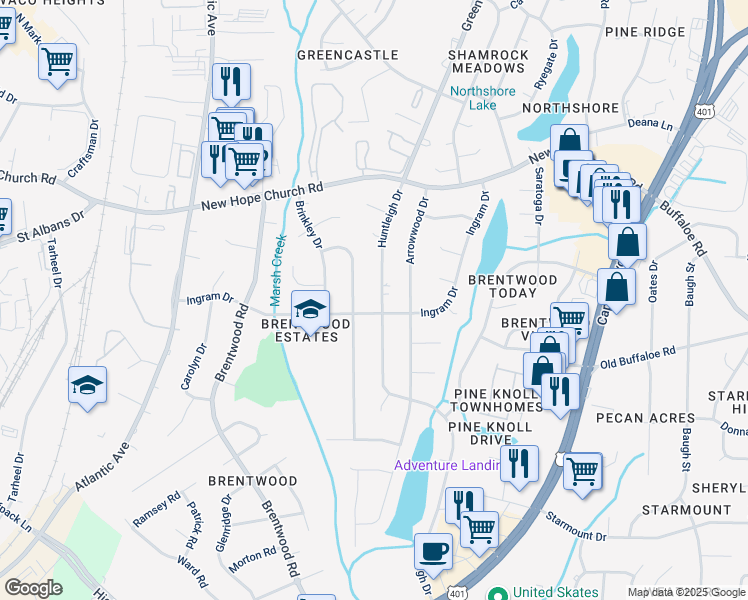 map of restaurants, bars, coffee shops, grocery stores, and more near 3605 Huntleigh Drive in Raleigh