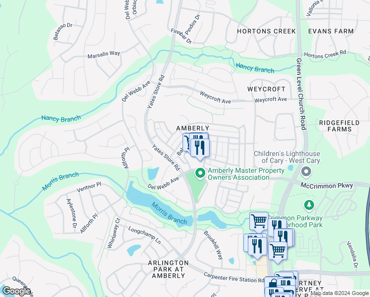 map of restaurants, bars, coffee shops, grocery stores, and more near 553 Balsam Fir Drive in Cary