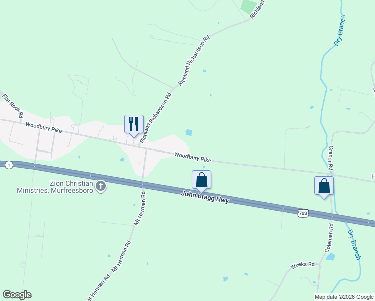 map of restaurants, bars, coffee shops, grocery stores, and more near 4767 Woodbury Pike in Murfreesboro
