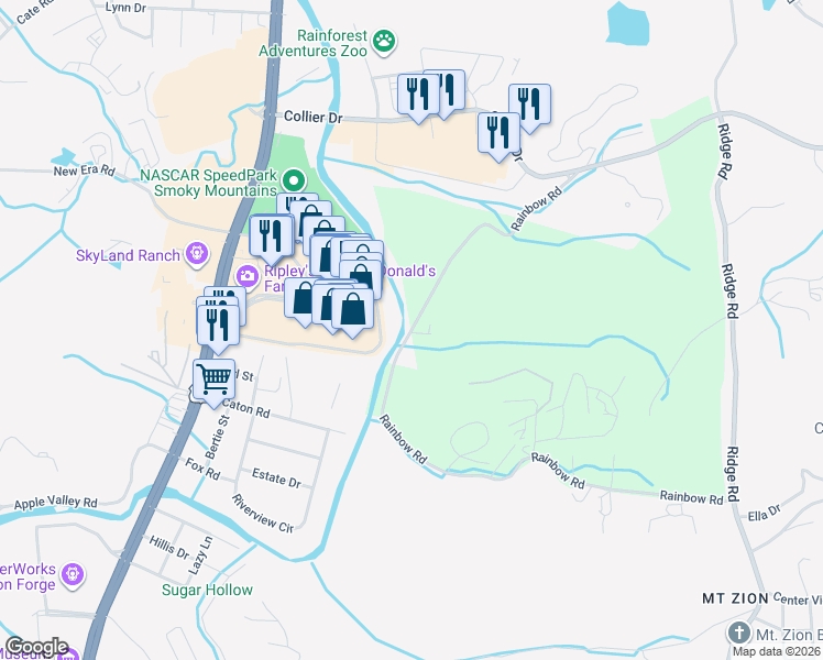 map of restaurants, bars, coffee shops, grocery stores, and more near 472 Rainbow Road in Sevierville