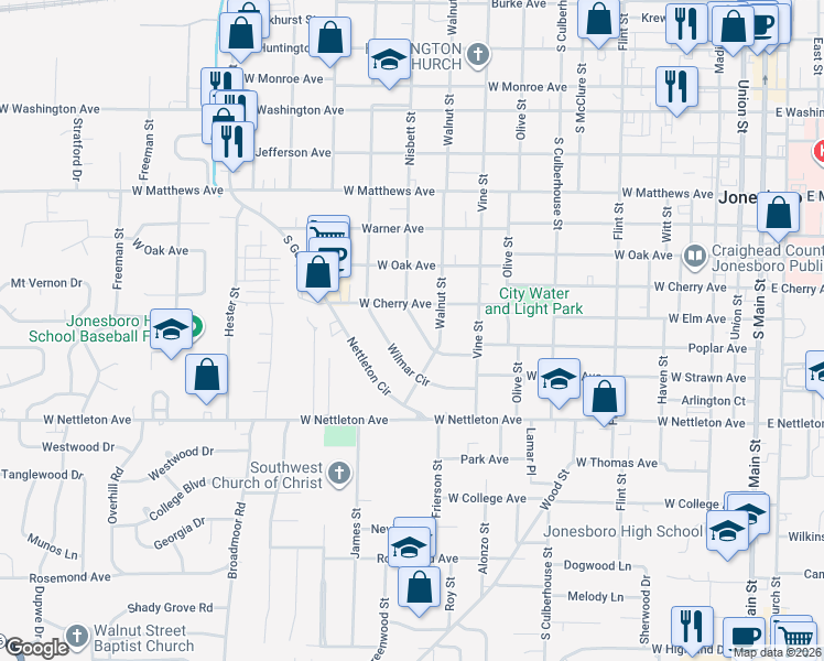 map of restaurants, bars, coffee shops, grocery stores, and more near 1100 Belwood Court in Jonesboro