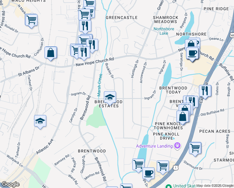 map of restaurants, bars, coffee shops, grocery stores, and more near 3613 Allendale Drive in Raleigh
