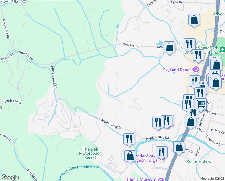 map of restaurants, bars, coffee shops, grocery stores, and more near 1620 Valley Road in Sevierville