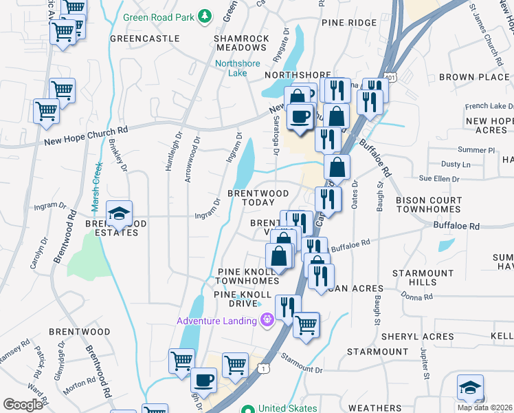 map of restaurants, bars, coffee shops, grocery stores, and more near 3805 Chesnee Place in Raleigh