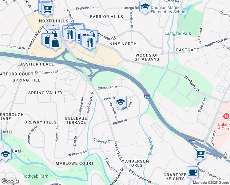 map of restaurants, bars, coffee shops, grocery stores, and more near 3738 Computer Drive in Raleigh